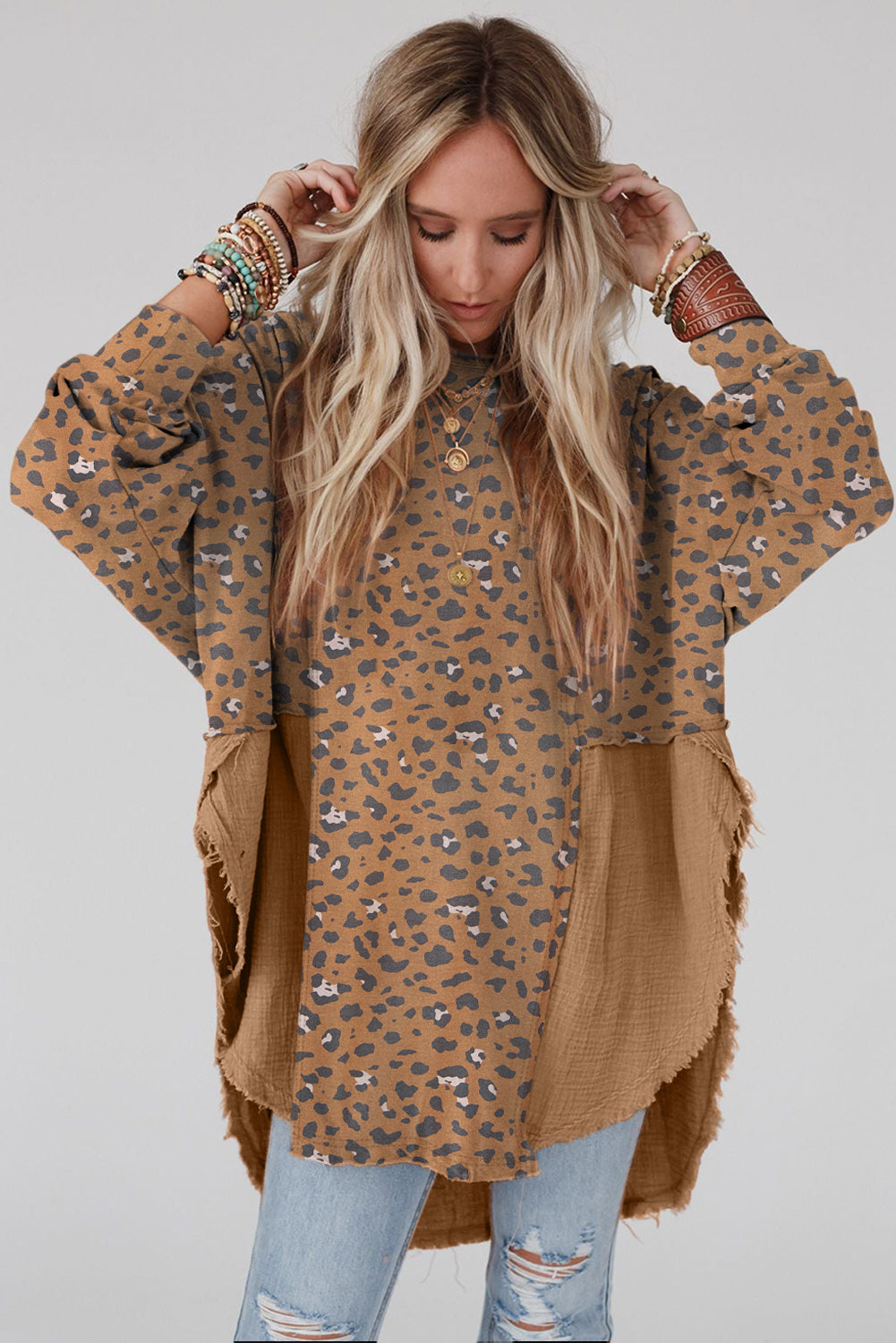 Pink Raw Edge Leopard Patchwork Oversized Blouse