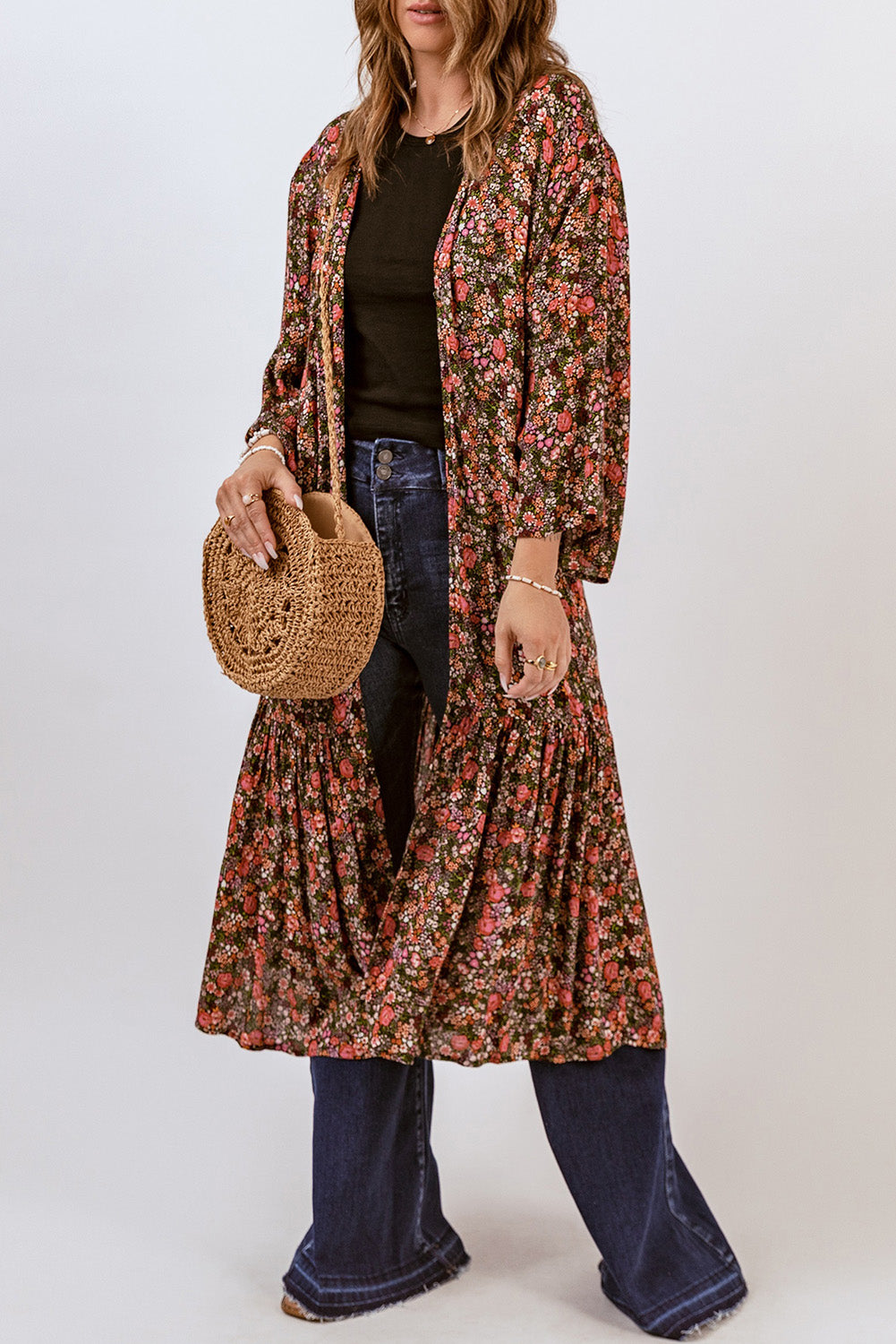 Multicolor Open Front Boho Floral Print Kimono