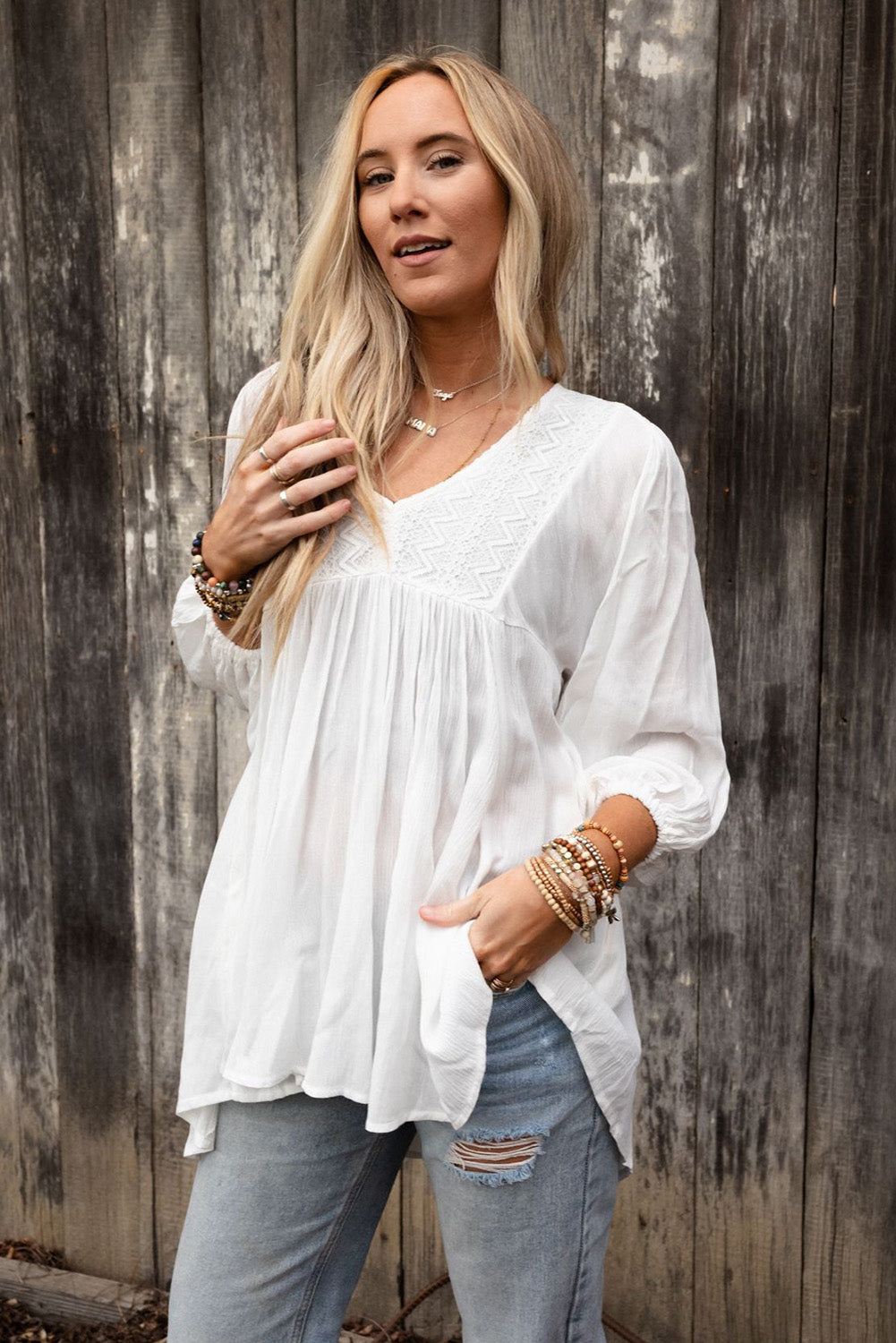 Lace V-Neck Bracelet Sleeve Ruffle Blouse