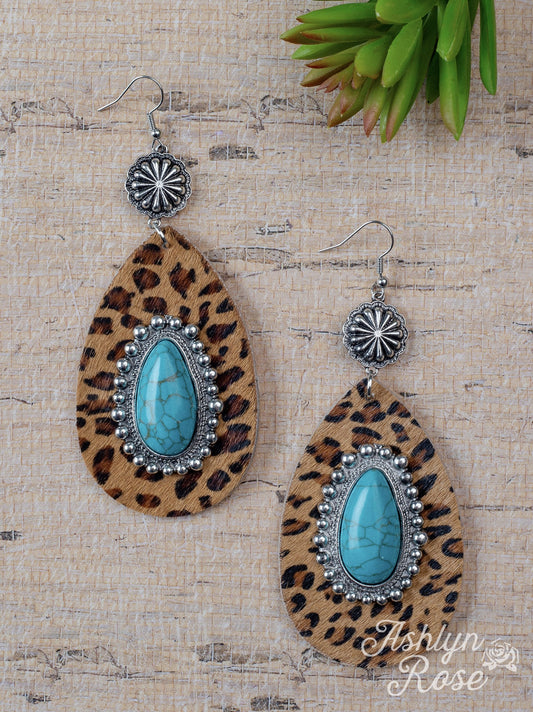 Country Cutie Teardrop Earrings with Stone, Brown Leopard