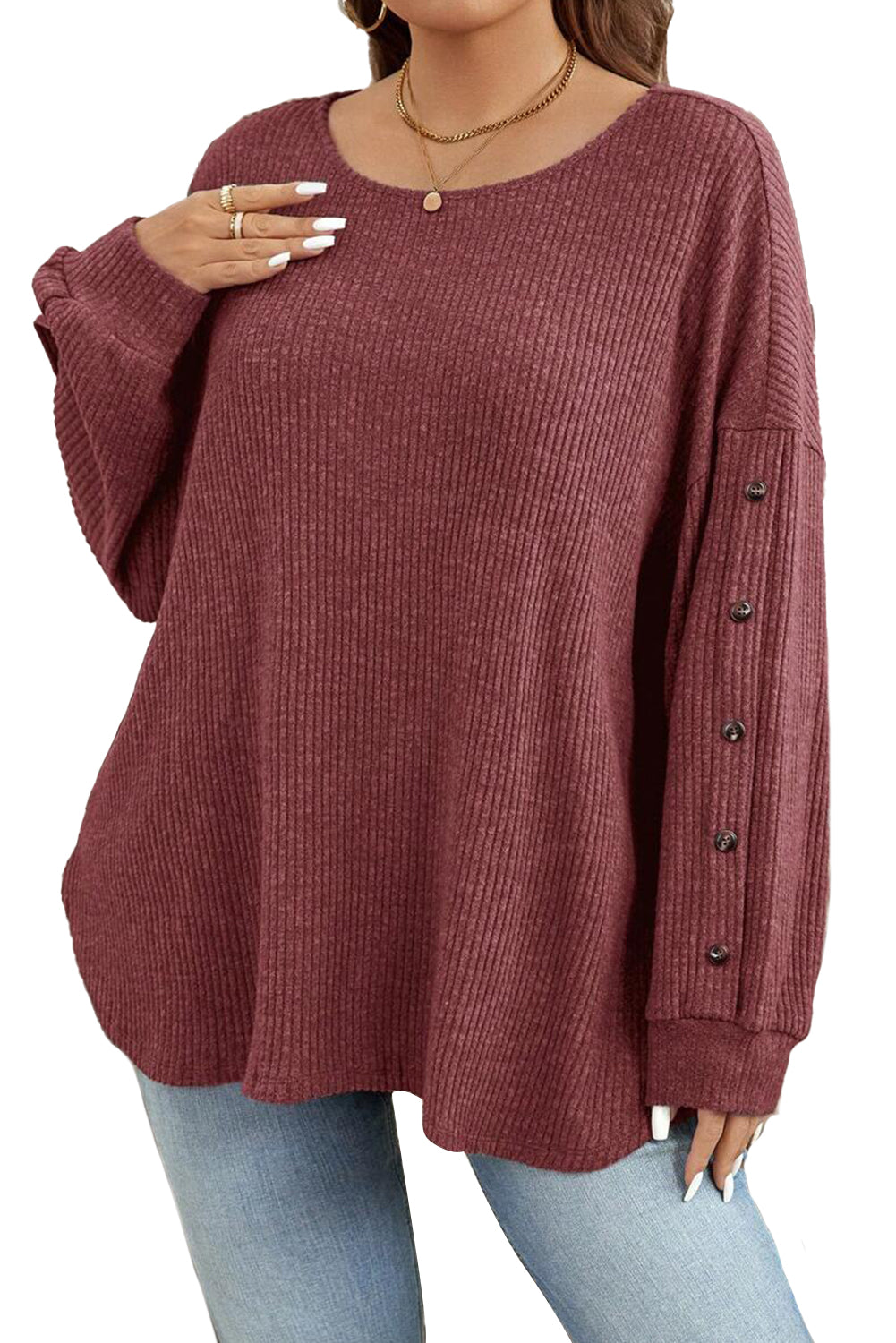 Wild Ginger Plus Size Ribbed Button Decor Long Sleeve Top
