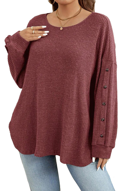 Wild Ginger Plus Size Ribbed Button Decor Long Sleeve Top