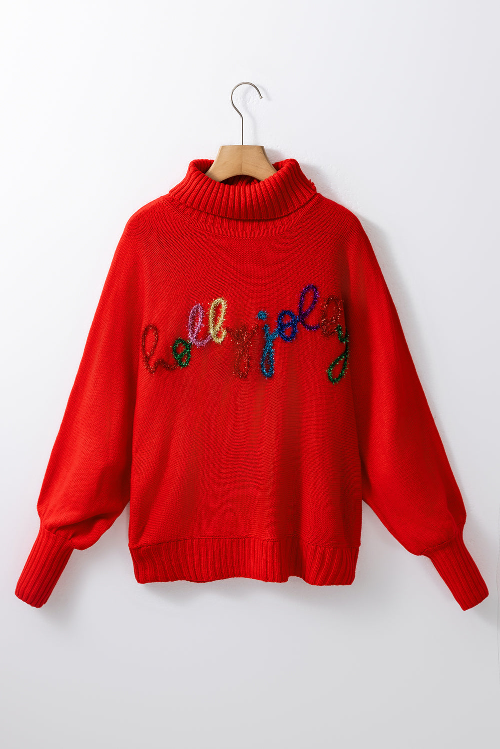 Racing Red Valentine LOVE Letter Embroidered High Neck Sweater