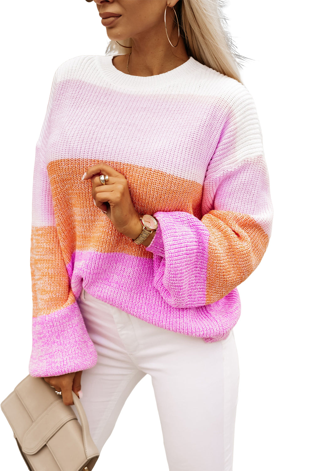 Pink Colorblock Drop Shoulder Pullover Loose Sweater