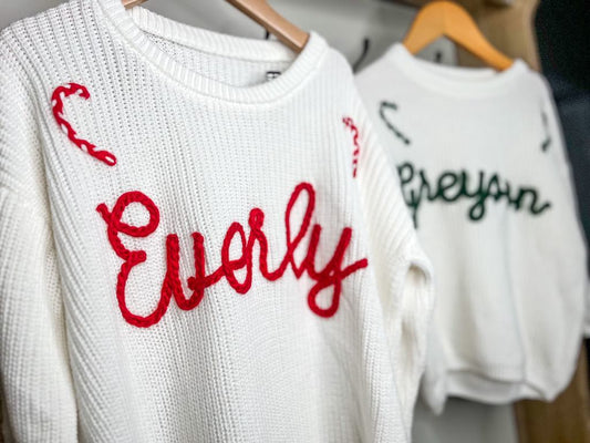 PREORDER: Candy Cane Custom Embroidered Knit Sweater 10.21.24