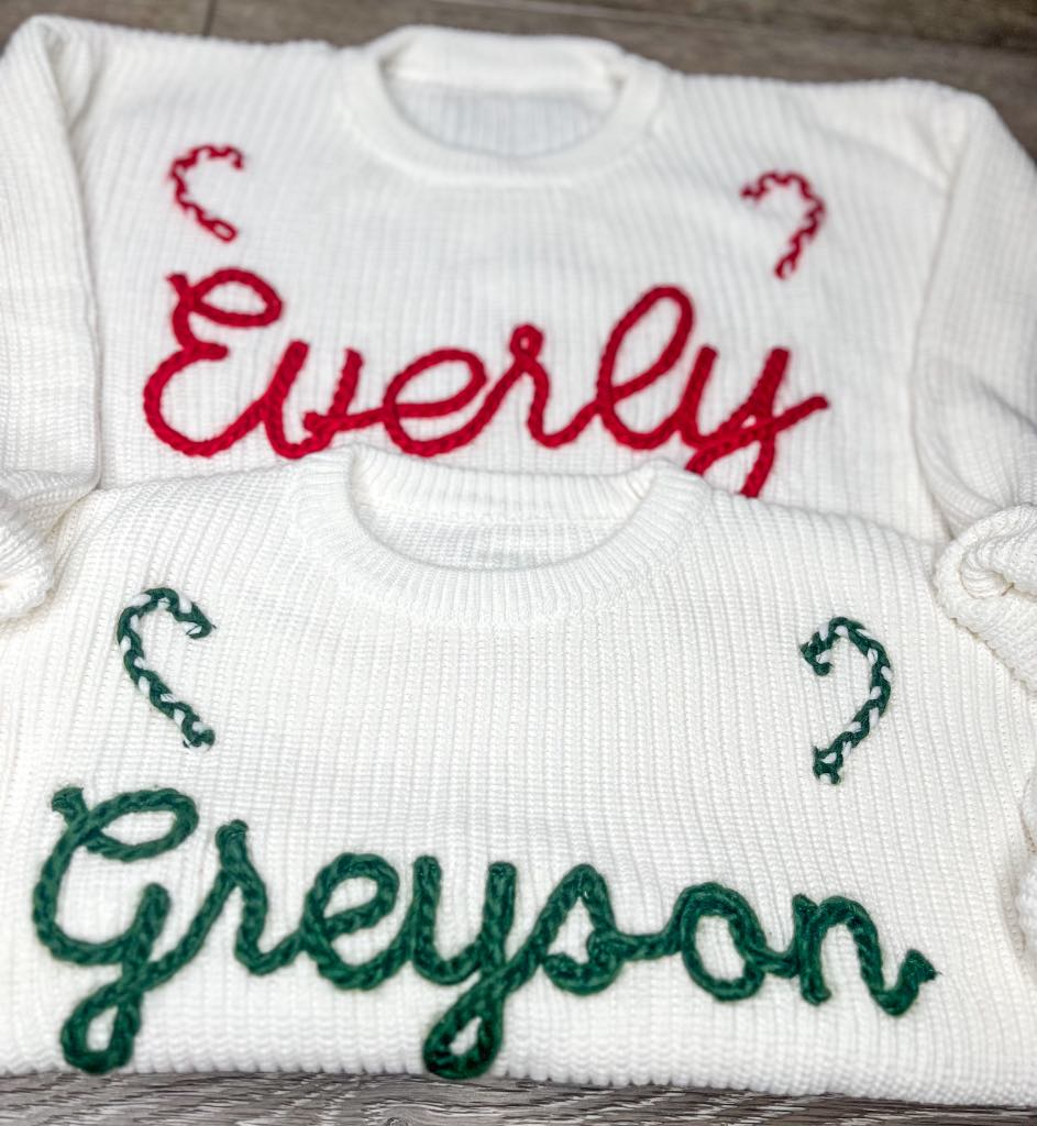 PREORDER: Candy Cane Custom Embroidered Knit Sweater 10.21.24