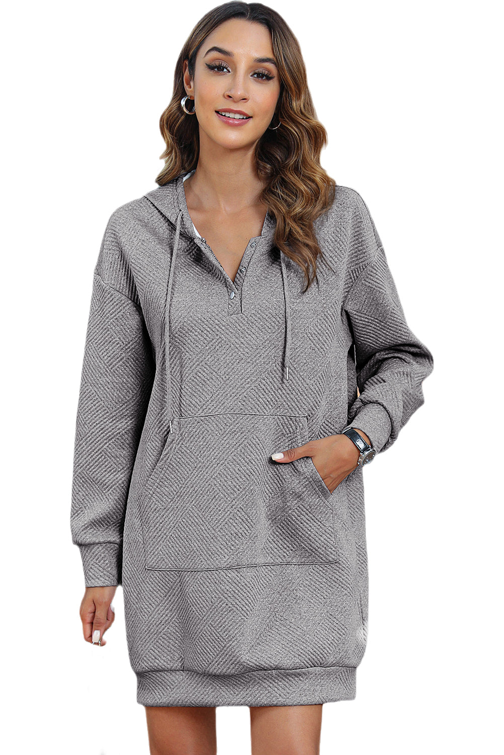 Light Grey Textured Snap Buttons Pullover Plus Size Sweatshirt