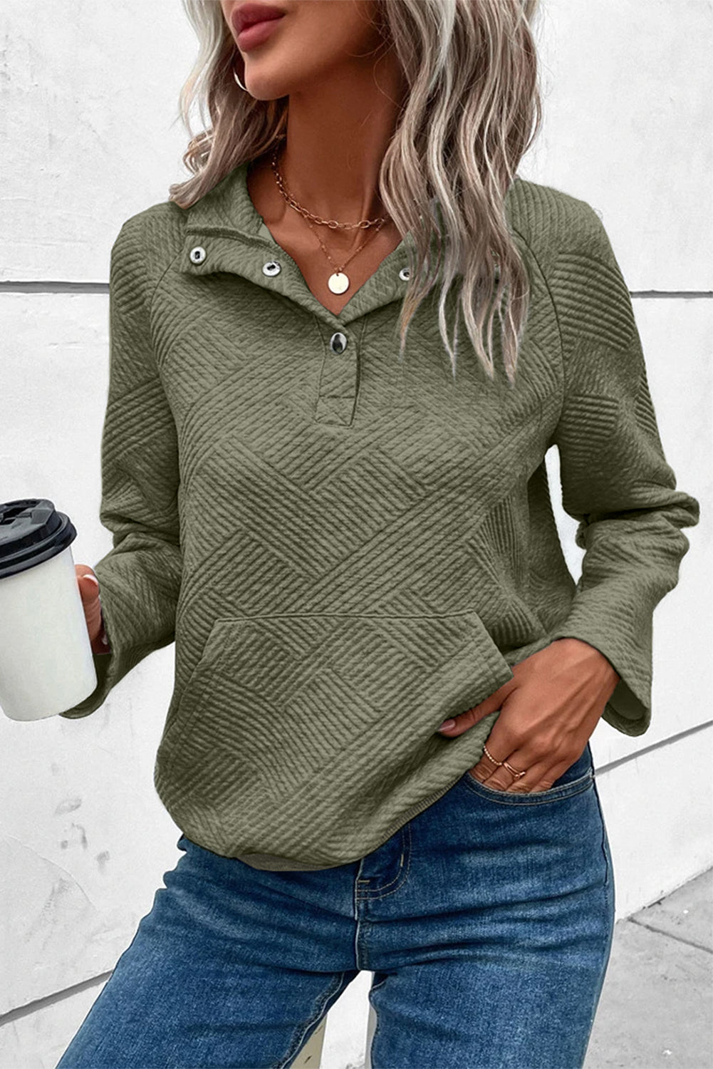 Light Grey Textured Snap Buttons Pullover Plus Size Sweatshirt