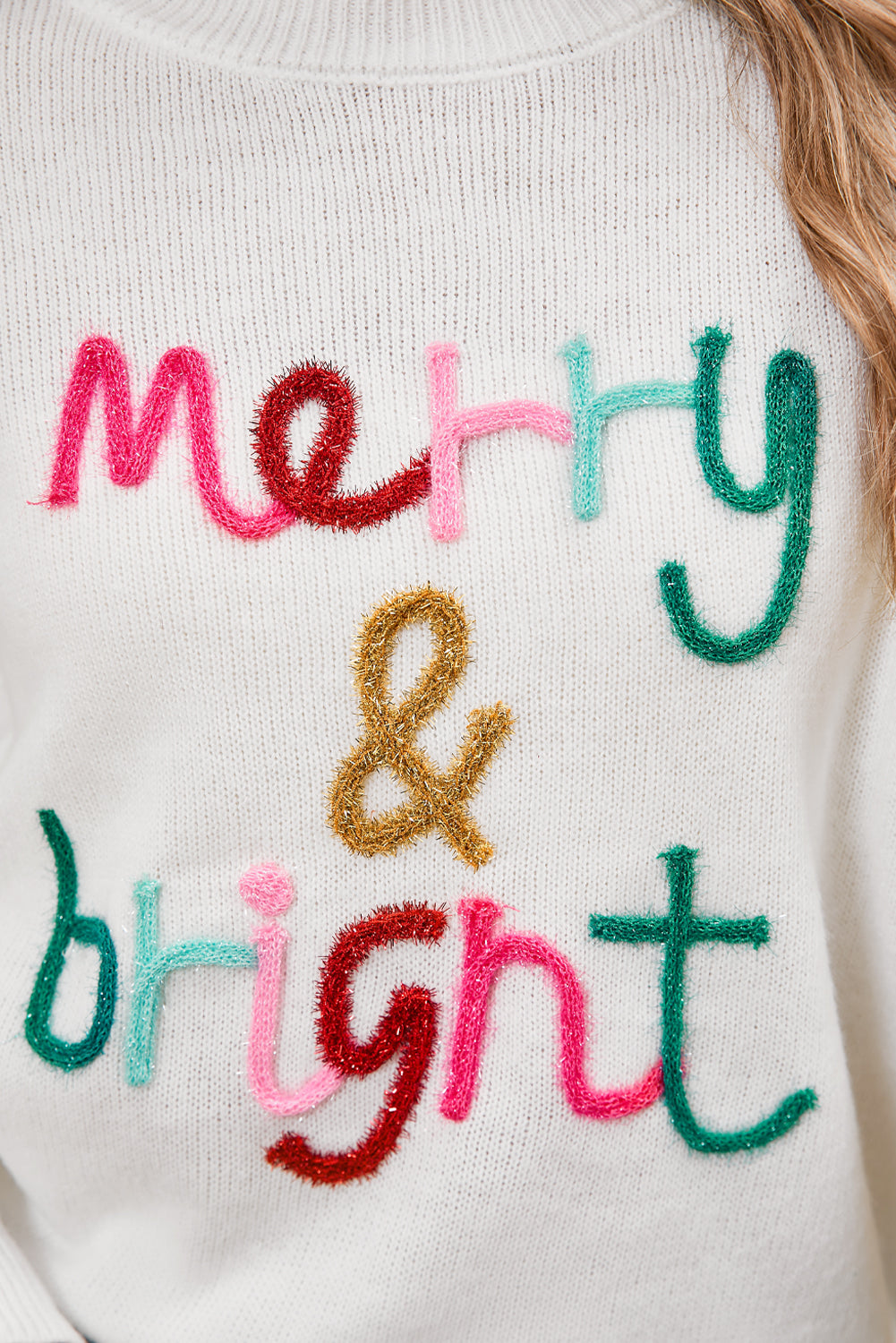 White Glitter Merry & Bright Round Neck Knit Sweater