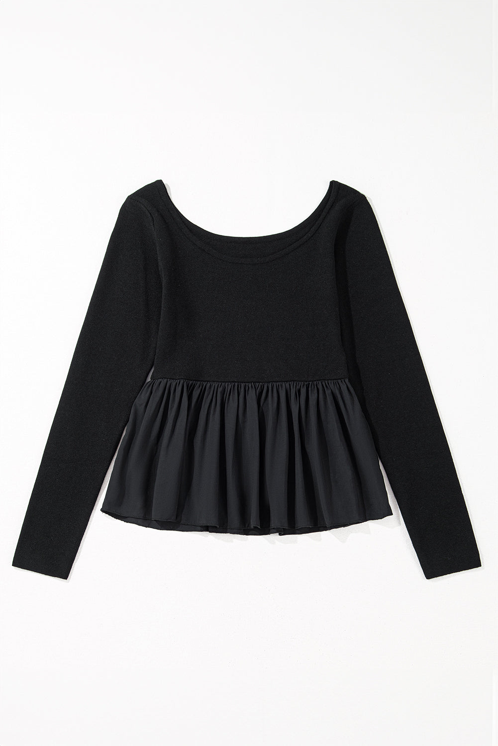 Black Ribbed Knit Long Sleeve Scoop Neck Peplum Patchwork Top