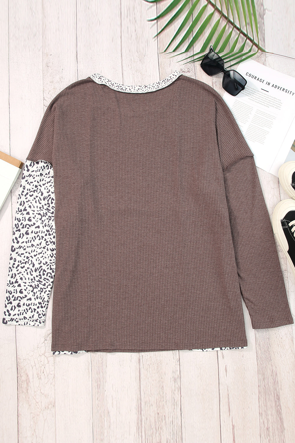 Brown Plus Size Leopard Waffle Ribbed Knit Patchwork Top