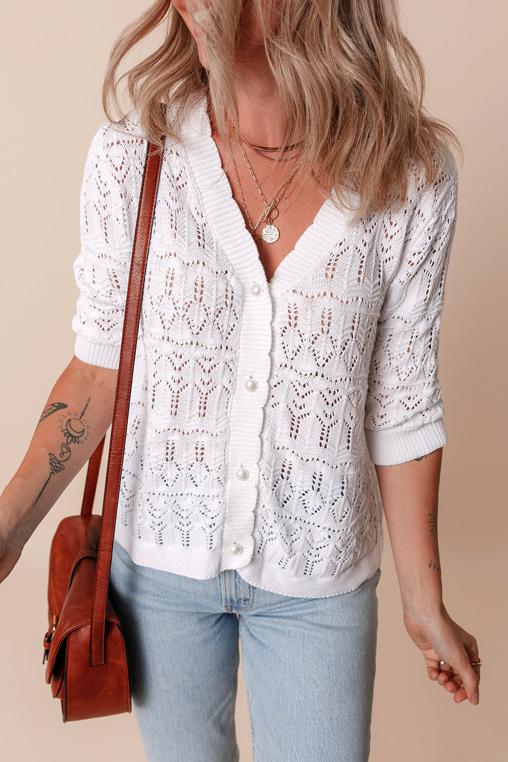 White Frenchy Hollow Out Knitted V Neck Cardigan