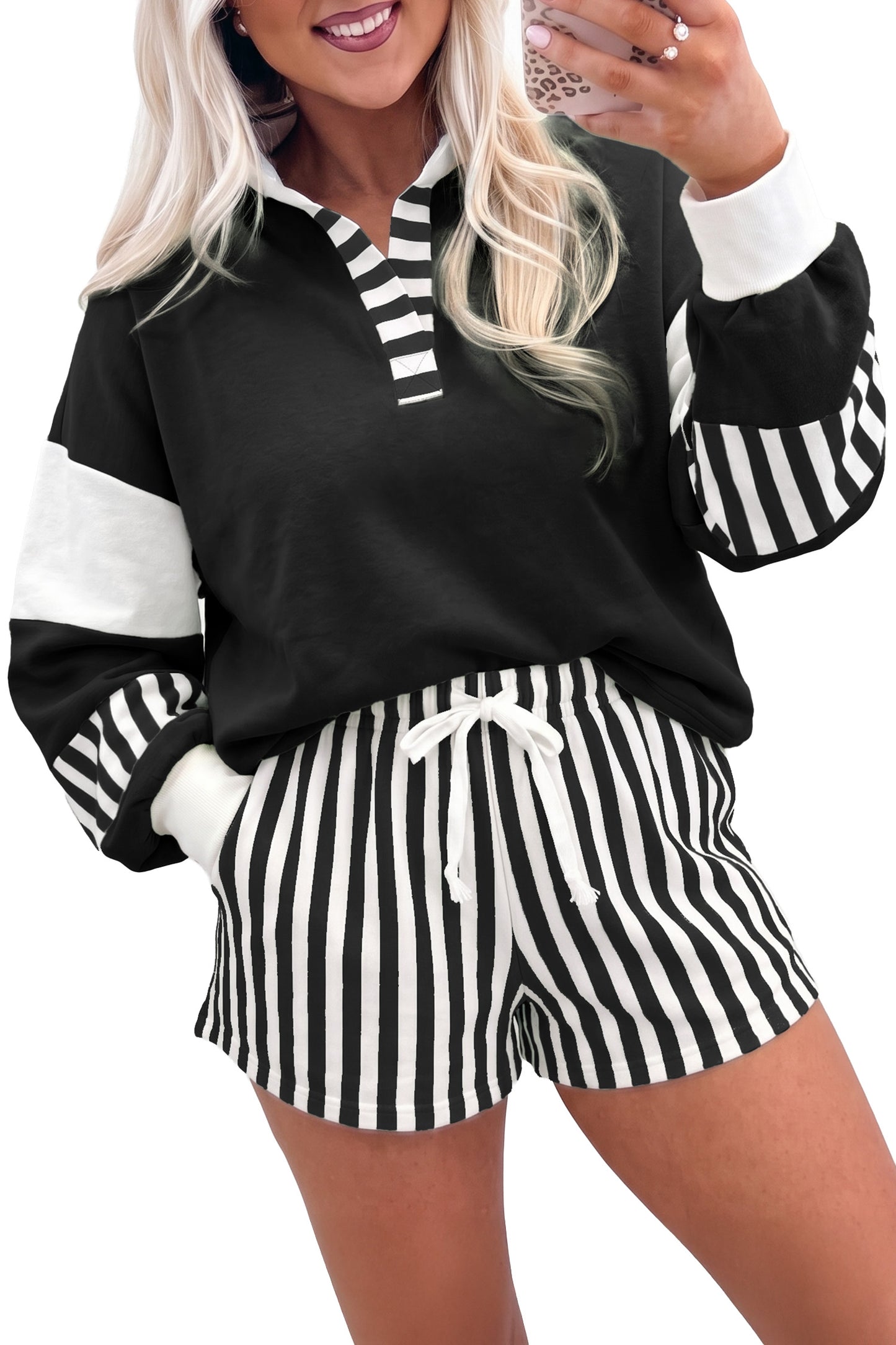 Smoke Green Striped Color Block Pullover Top Drawstring Shorts Set