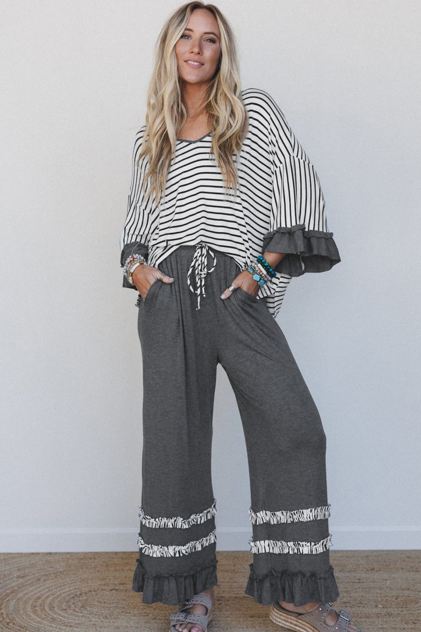Gray Stripe V Neck Ruffle Contrast Sleeve Drawstring Pants 2pcs Set