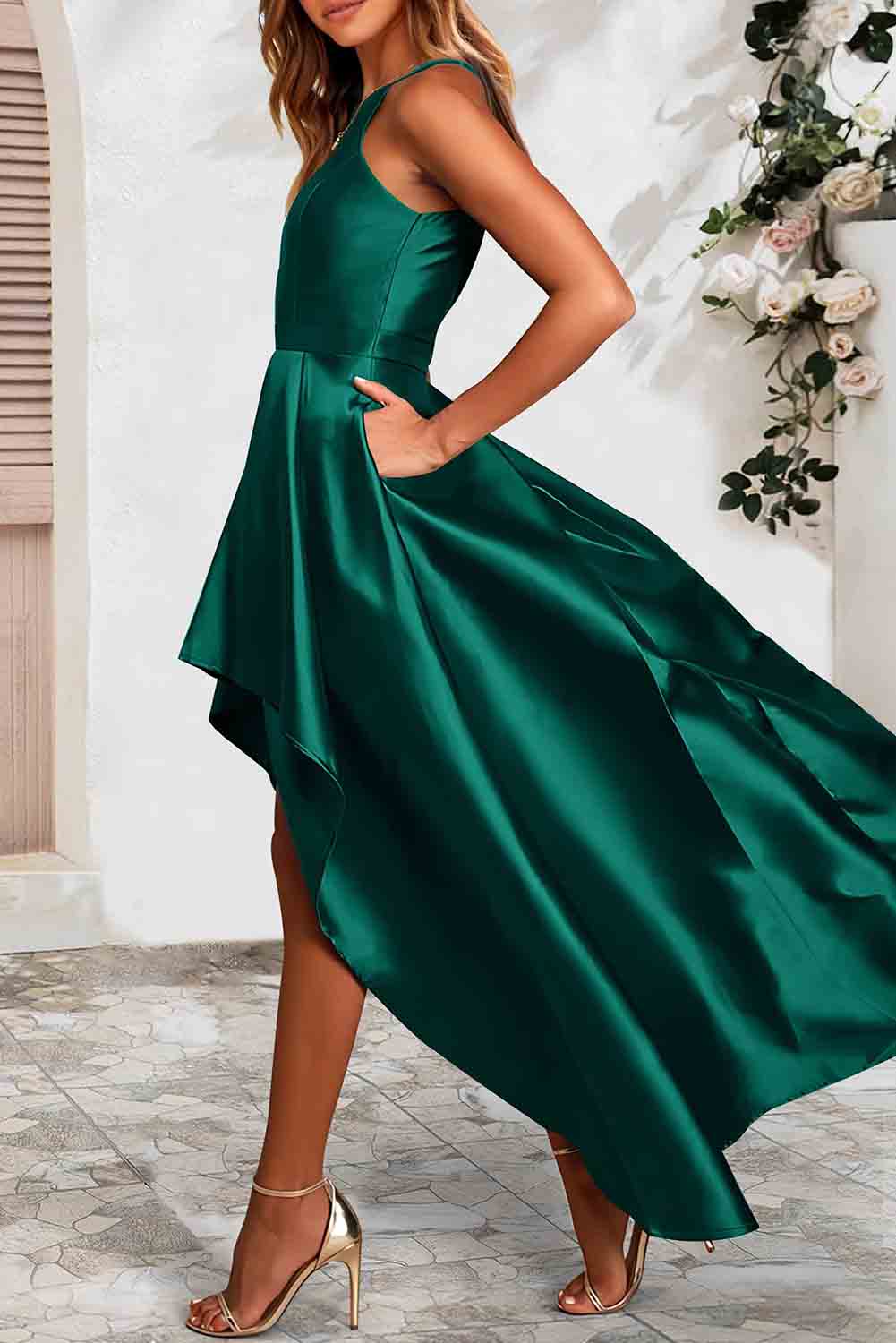 Satin Sleeveless Pleated High Low Dress with Pocket