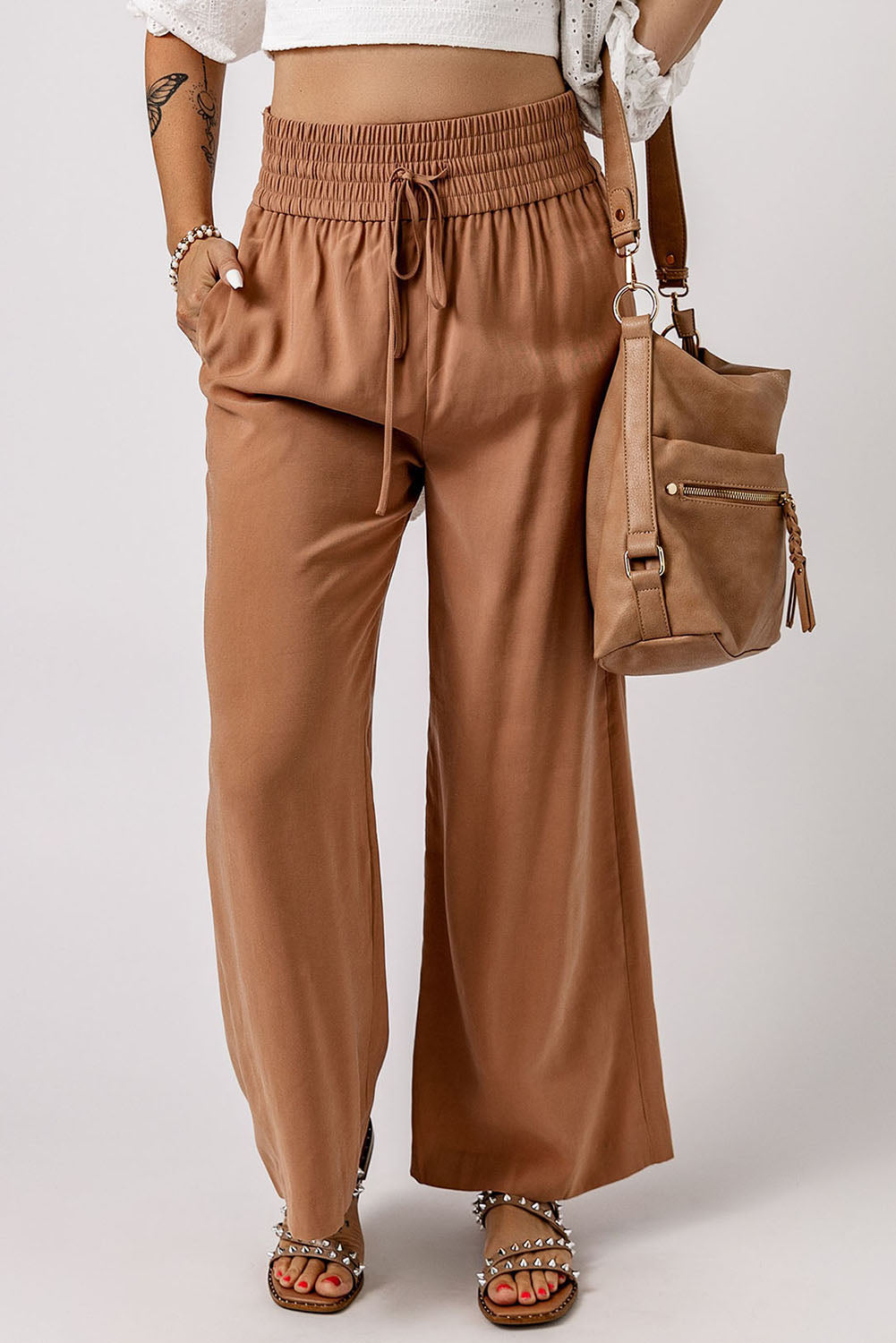 Casual Drawstring Shirred Elastic Waist Wide Leg Pants