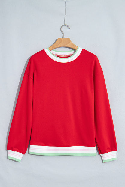 Bright Green Contrast Striped Trim Baggy Pullover Sweatshirt
