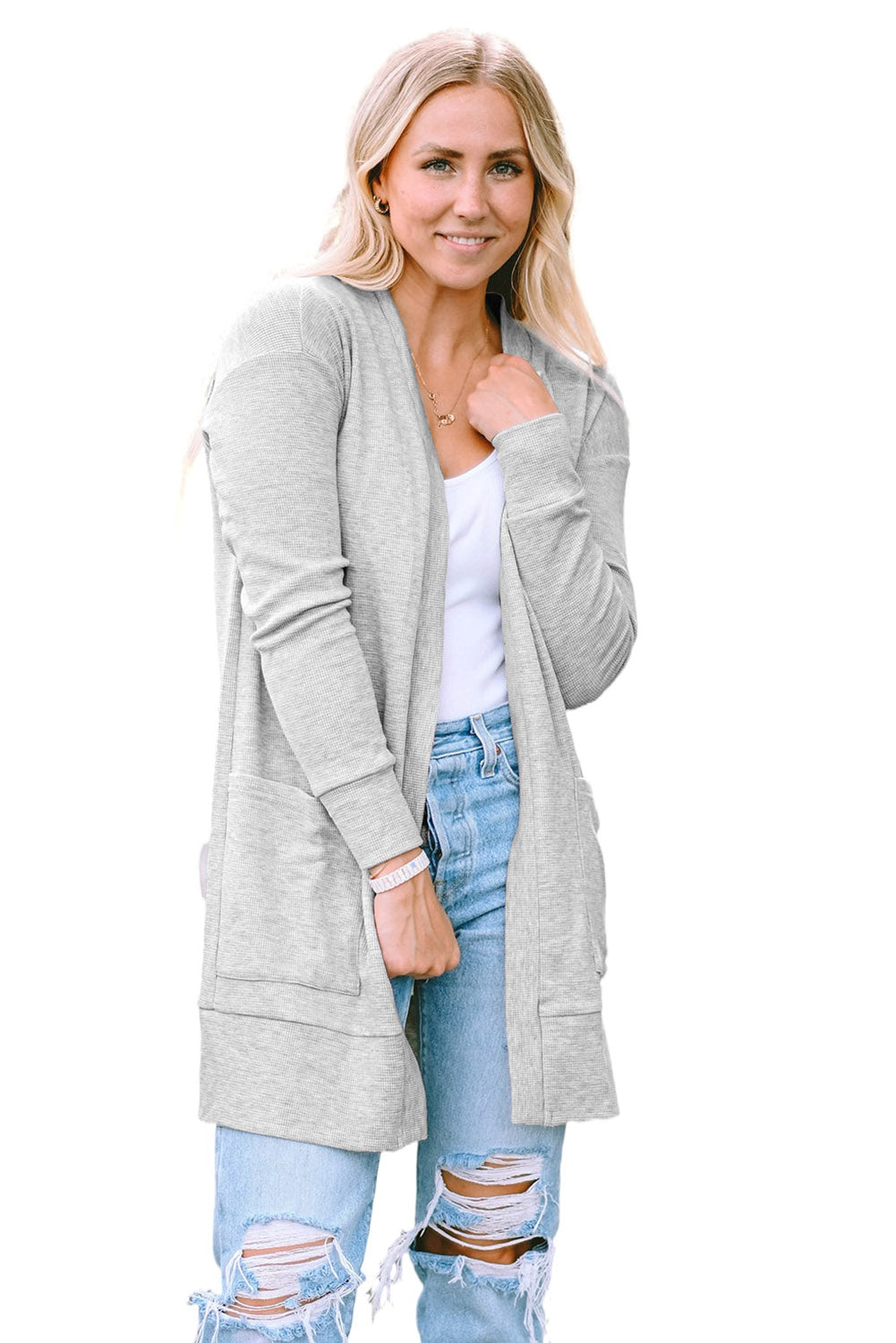 Beige Thermal Waffle Knit Pocketed Cardigan