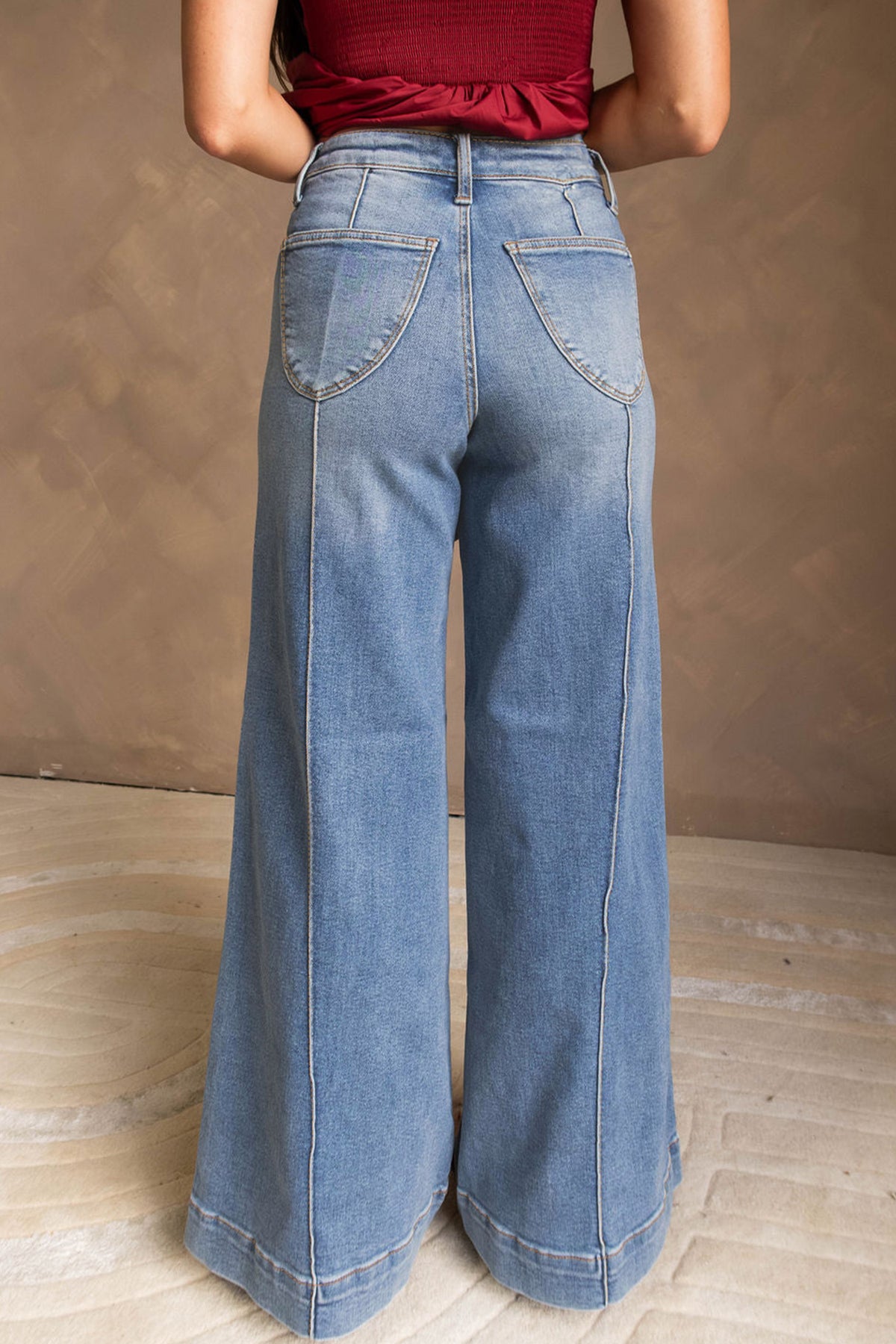 Dusk Blue Piping Seam Detail Flare Leg Pocket Jeans