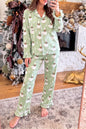 Green Snowflake Goose Print Ruffle Trim Long Sleeve Shirt Style Pajama Pants Set