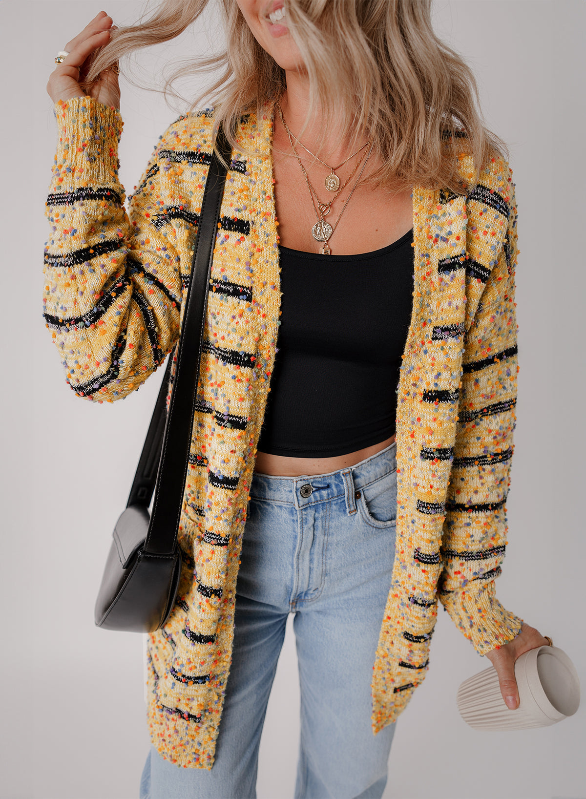 Beige Striped Pom Pom Knit Open Front Long Cardigan