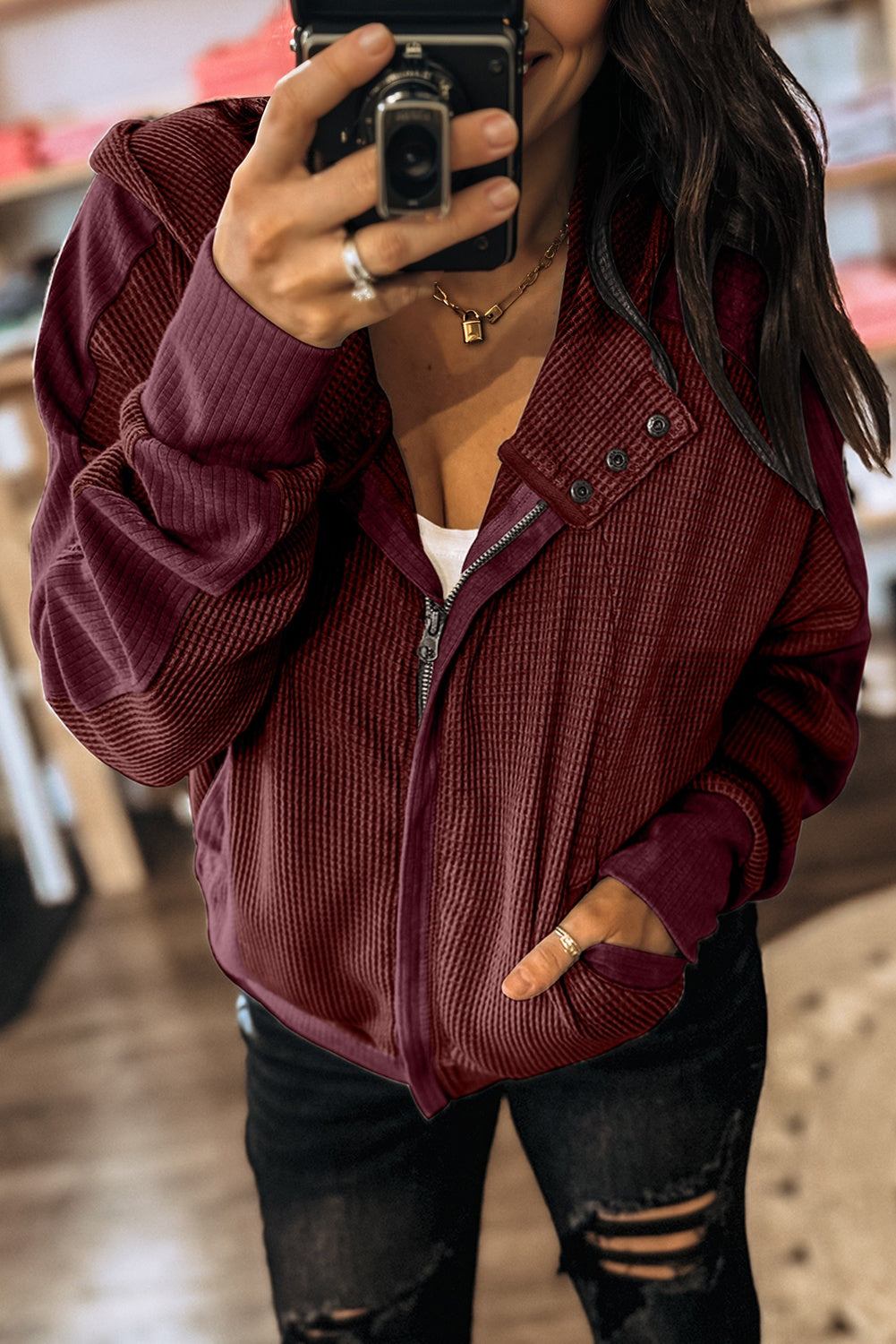 Burgundy Waffle Splicing Zip Up Front Button Hooded Jacket