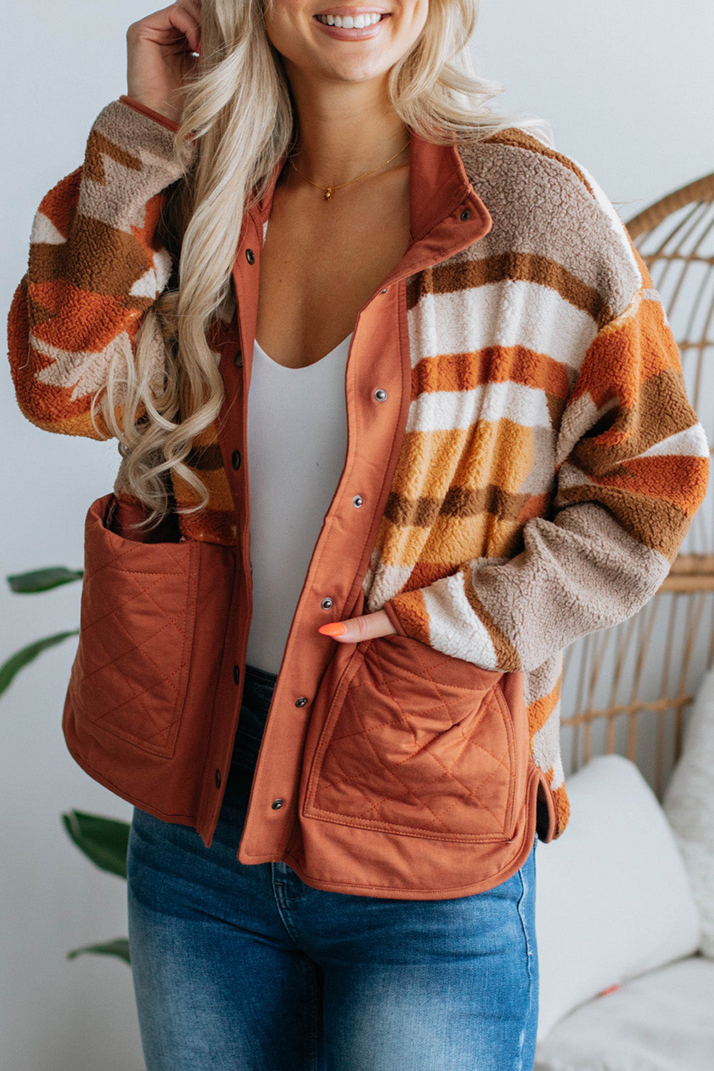 Quilted Patch Pockets Aztec Furry Jacket