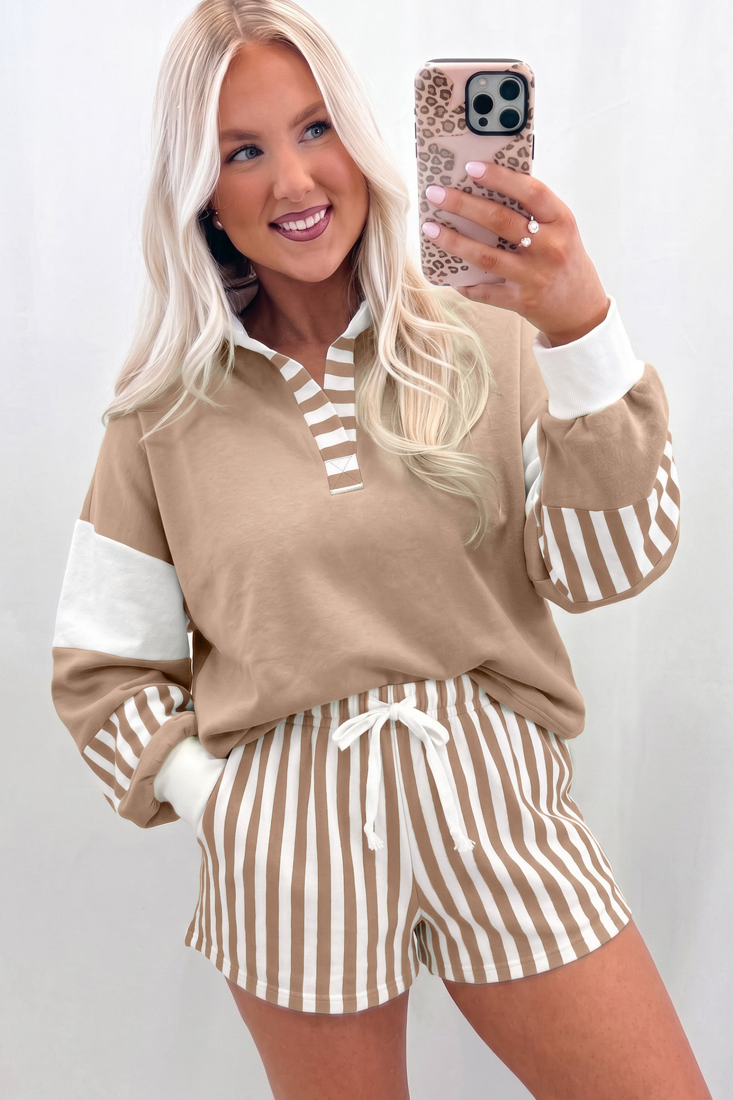 Smoke Green Striped Color Block Pullover Top Drawstring Shorts Set