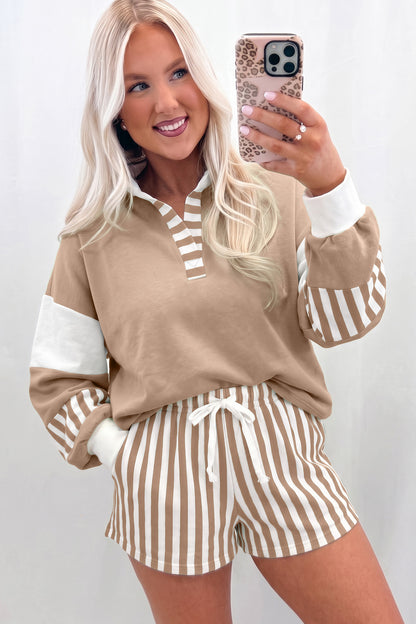 Smoke Green Striped Color Block Pullover Top Drawstring Shorts Set
