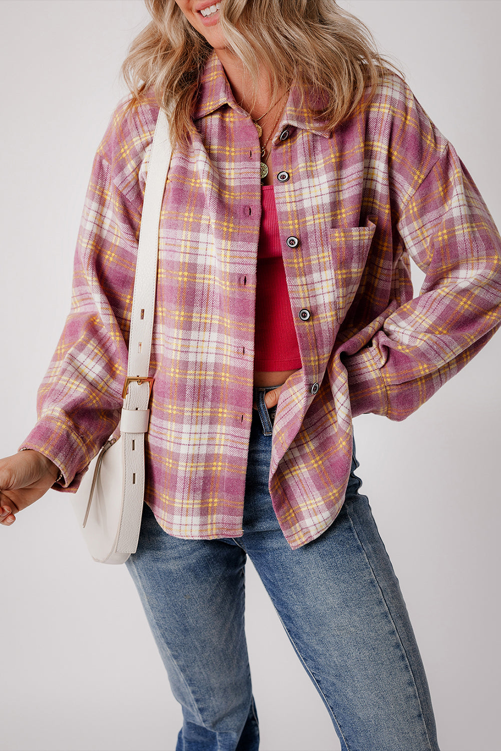 Pink Plaid Print Chest Pocket Long Sleeve Shacket