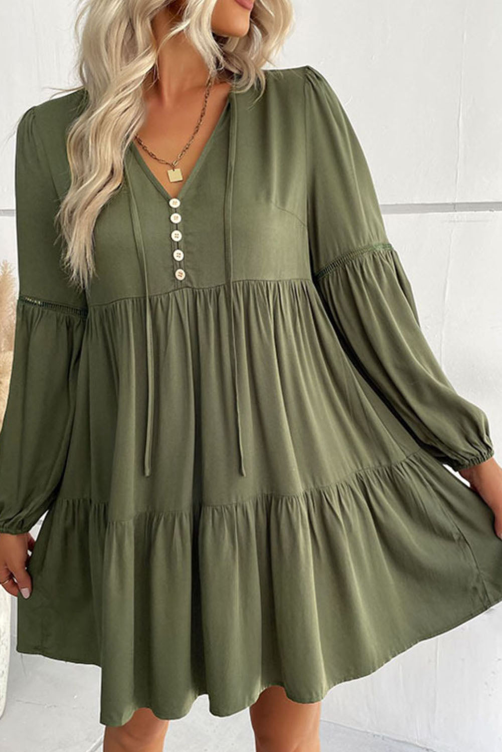 Green Lace Puff Sleeve Buttoned Tiered Ruffled Mini Dress