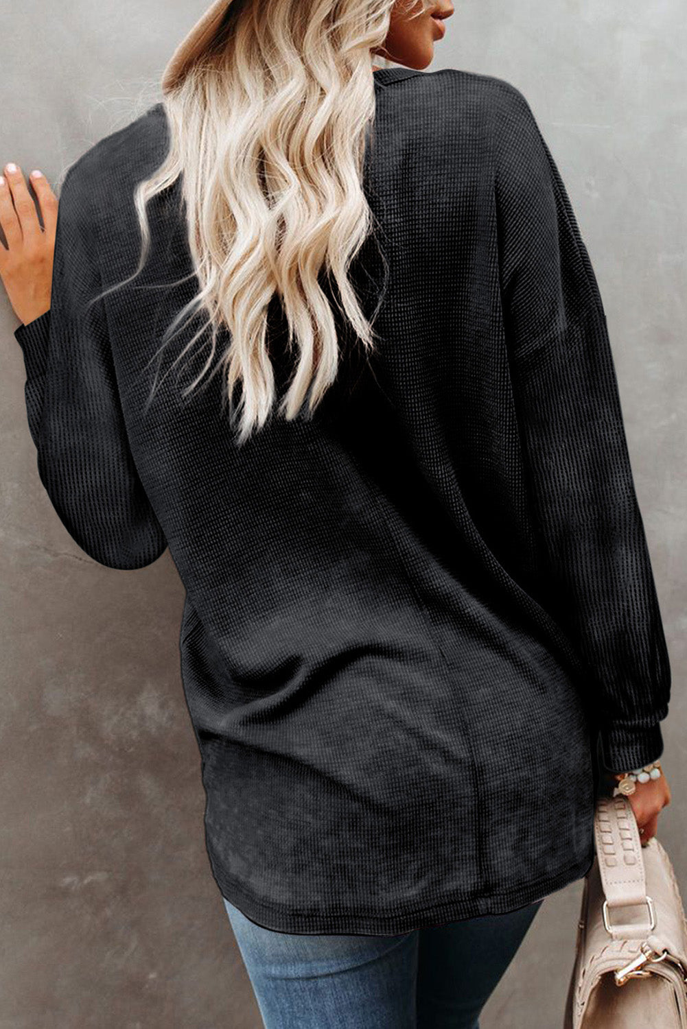 Black Waffle Knit V Neck Long Sleeve Loose Tunic Top