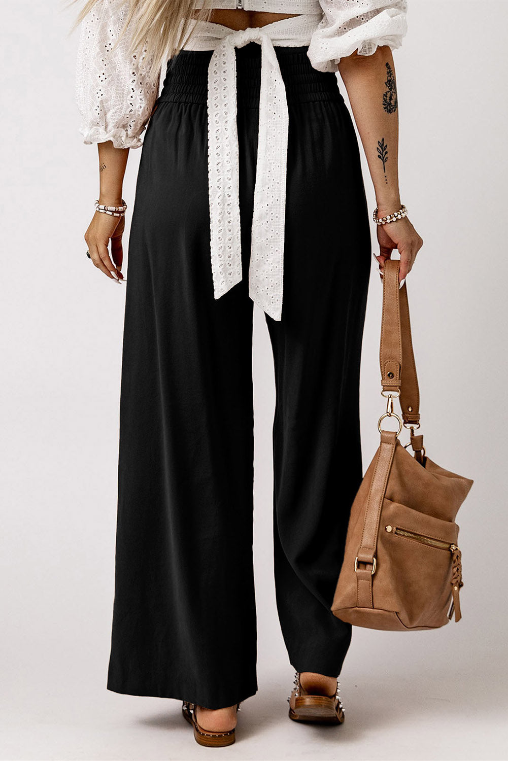 Casual Drawstring Shirred Elastic Waist Wide Leg Pants