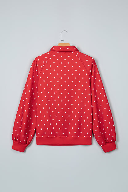 White Polka Dot Print Metal Button Collar Casual Pullover Sweatshirt