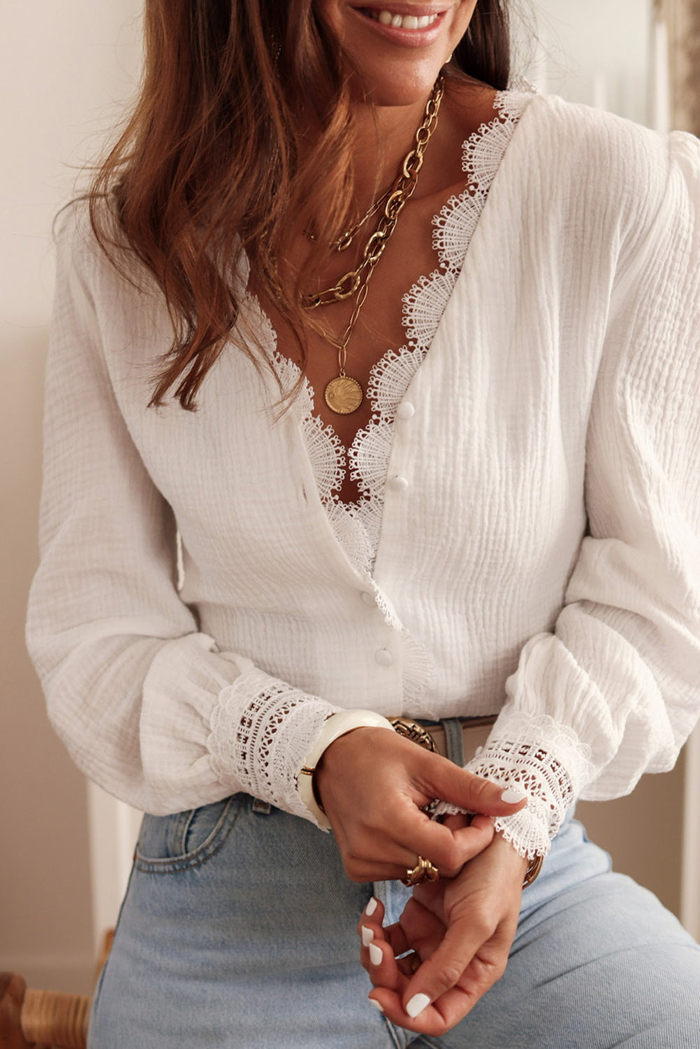 White Lace Crochet Trim Deep V Neck Textured Blouse