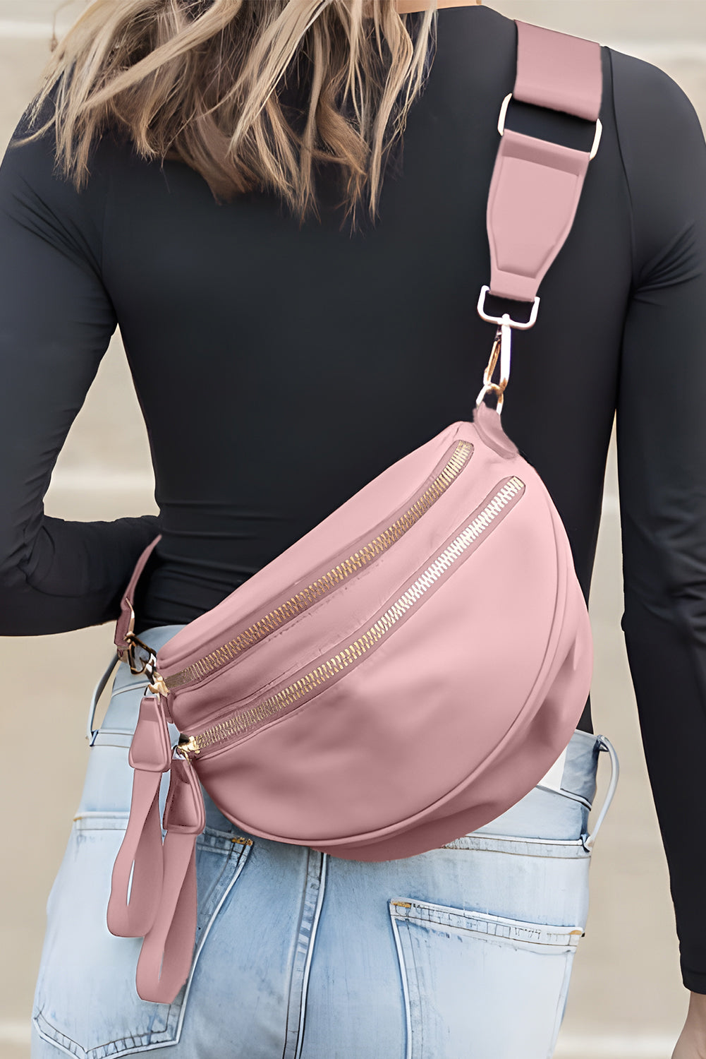 Light Blue Wide Strap Double Zipper Crossbody Bag
