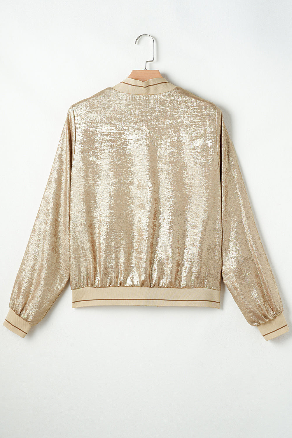 Pale Khaki Metallic Zip up Baseball Jacket