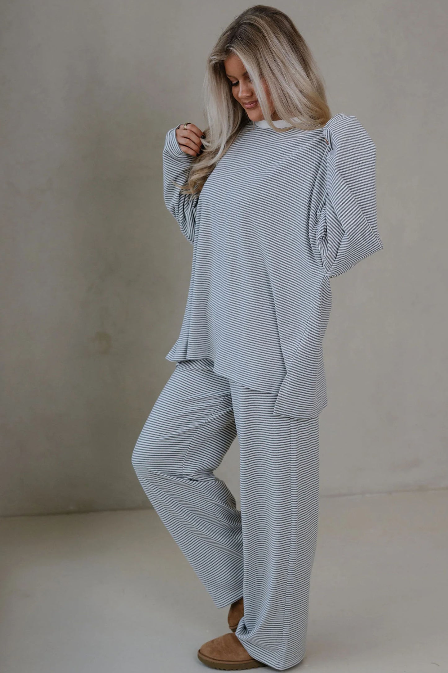 Pink Striped Drop Shoulder Long Sleeve Pant Set
