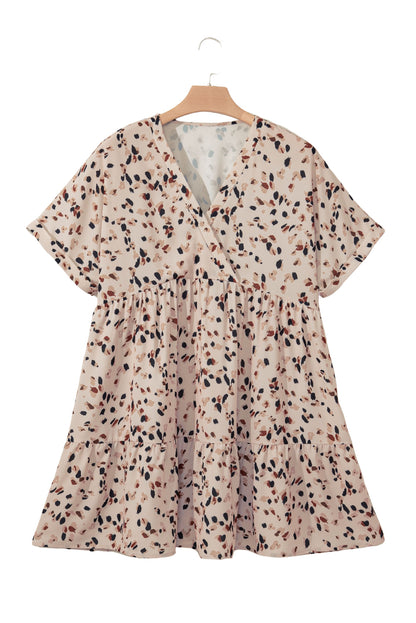 Beige Abstract Print Surplice V Neck Cuffed Sleeve Empire Waist Plus Size Dress