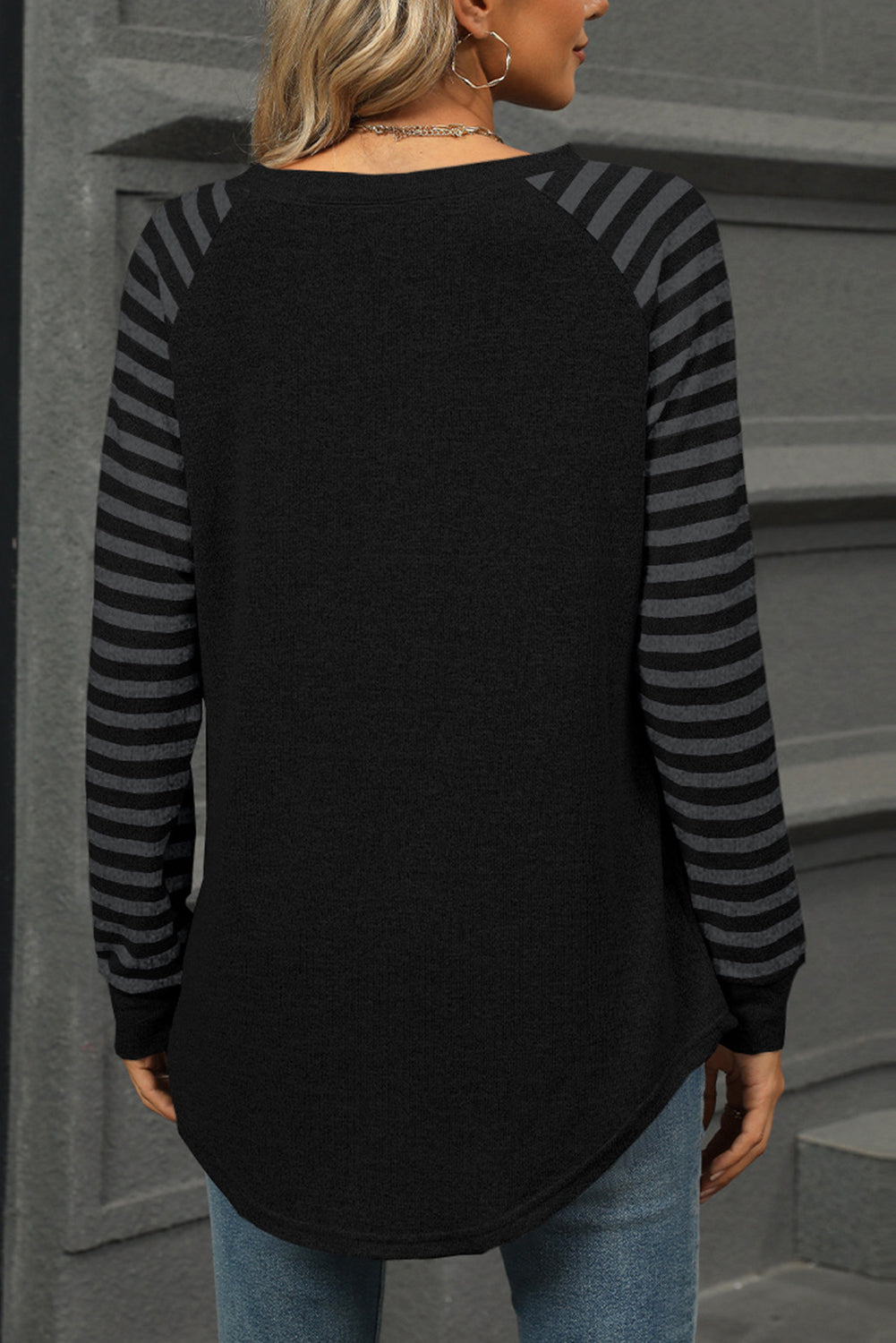 Black Stripe Raglan Sleeve Round Neck Top