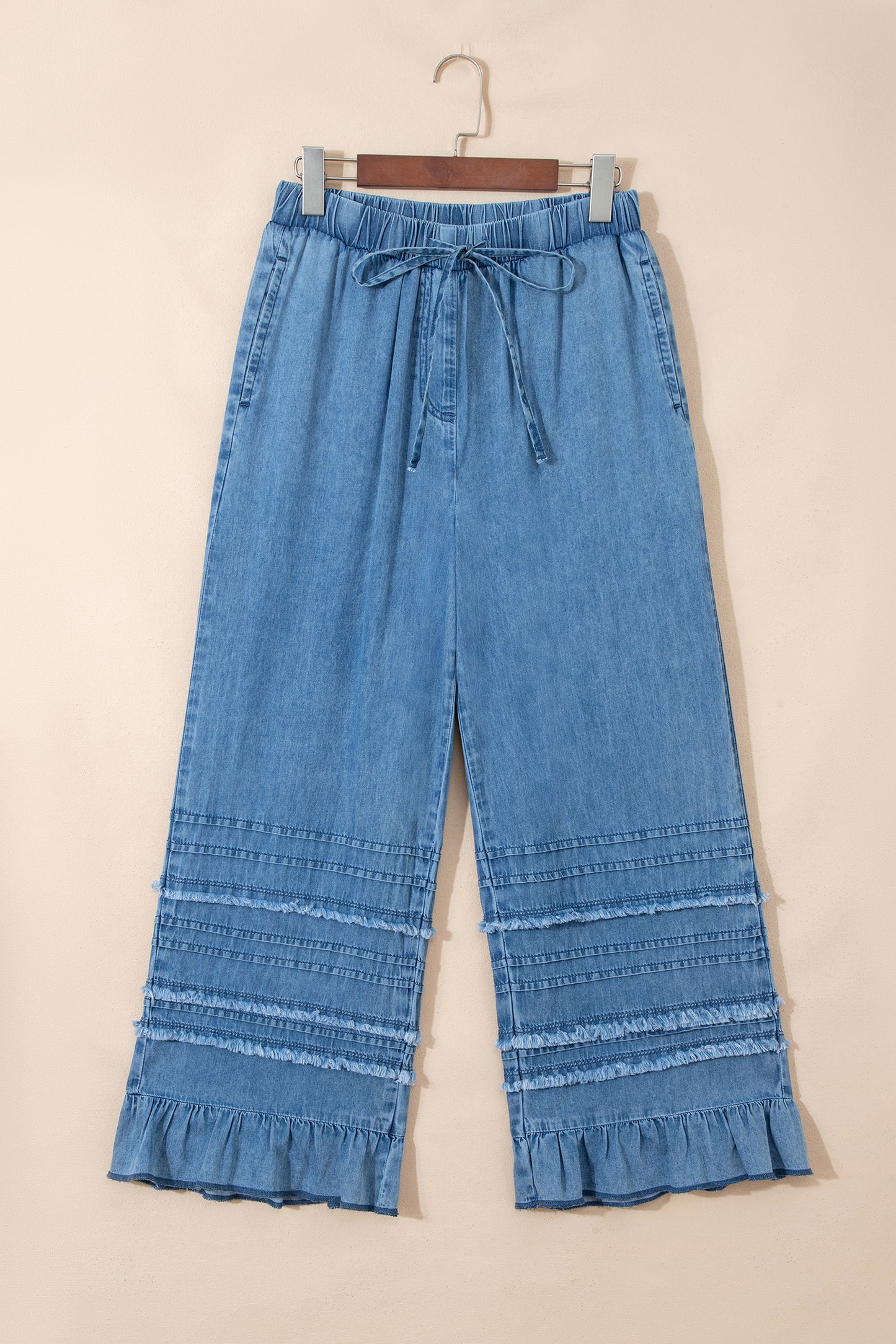 Beau Blue Ruffled Hem Wide Leg Chambray Pants
