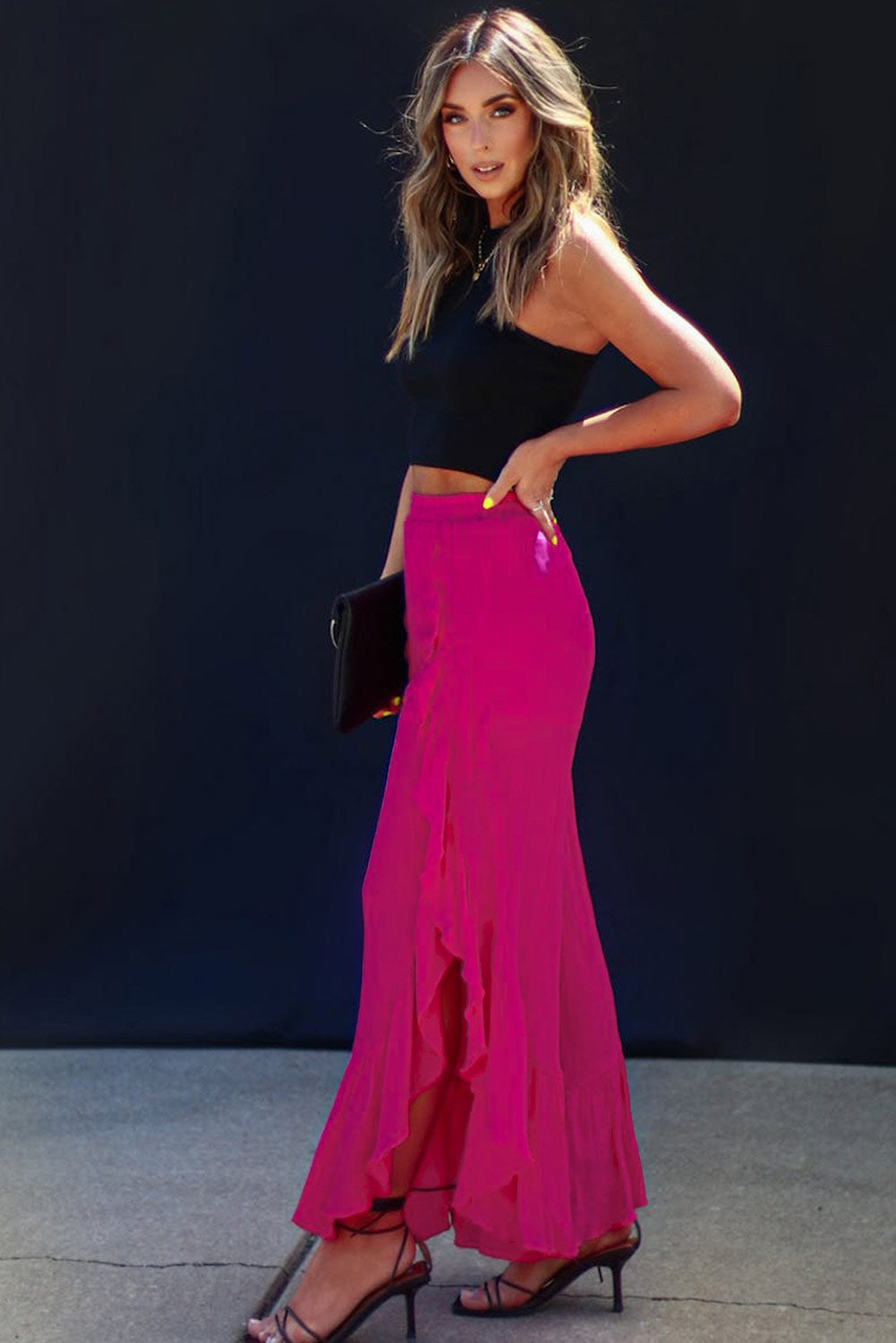 Ruffle Slit High Waist Wide Leg Pants