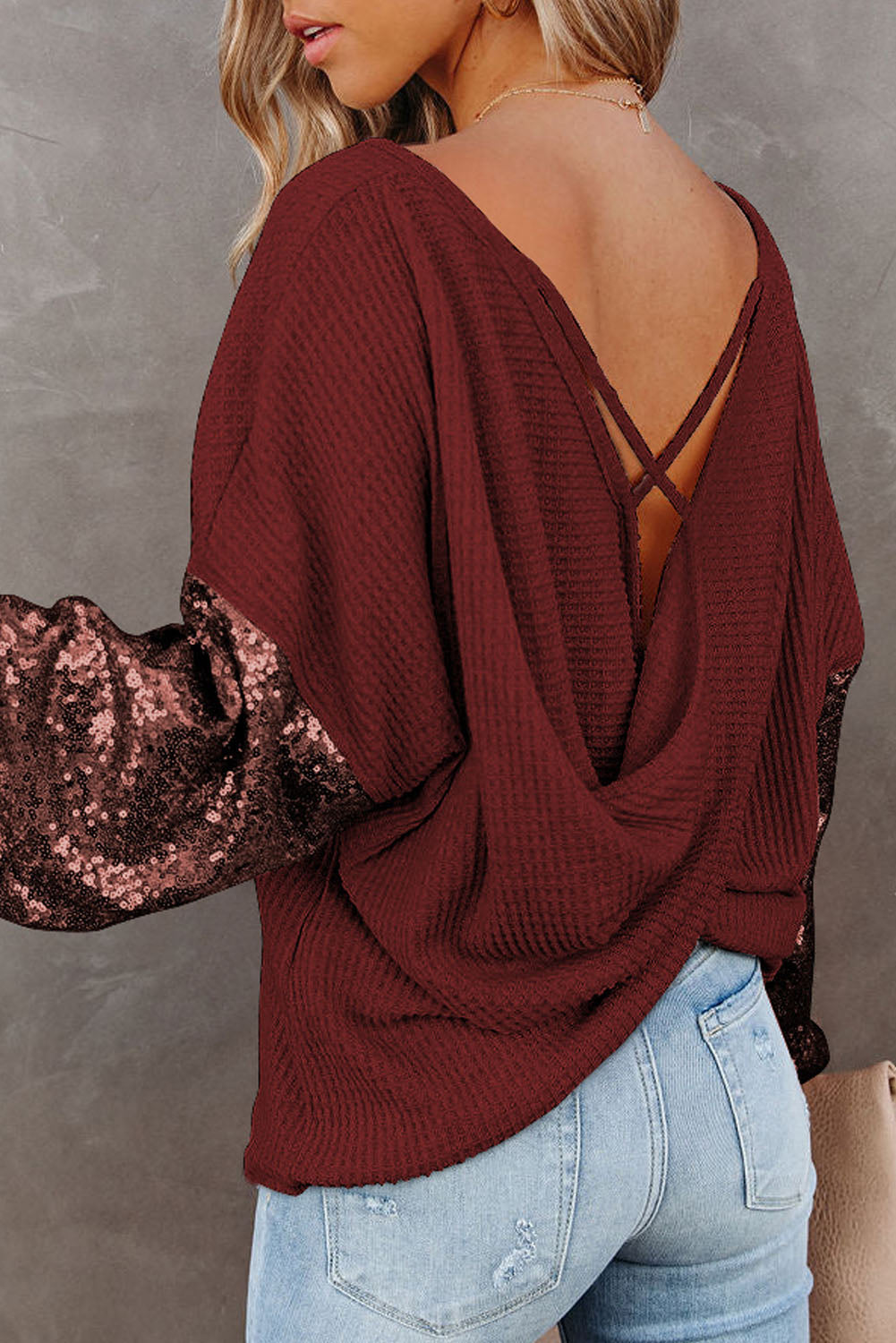 Biking Red Sequin Patchwork Sleeve Open Back Waffle Knit Top