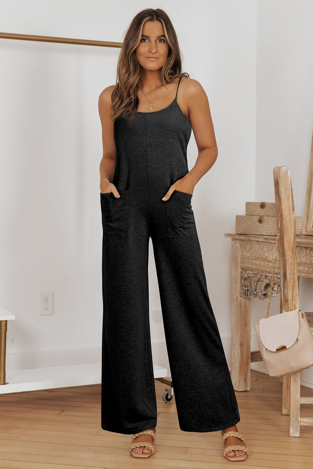 Gray Plus Size Solid Color Spaghetti Straps Wide Leg Jumpsuit