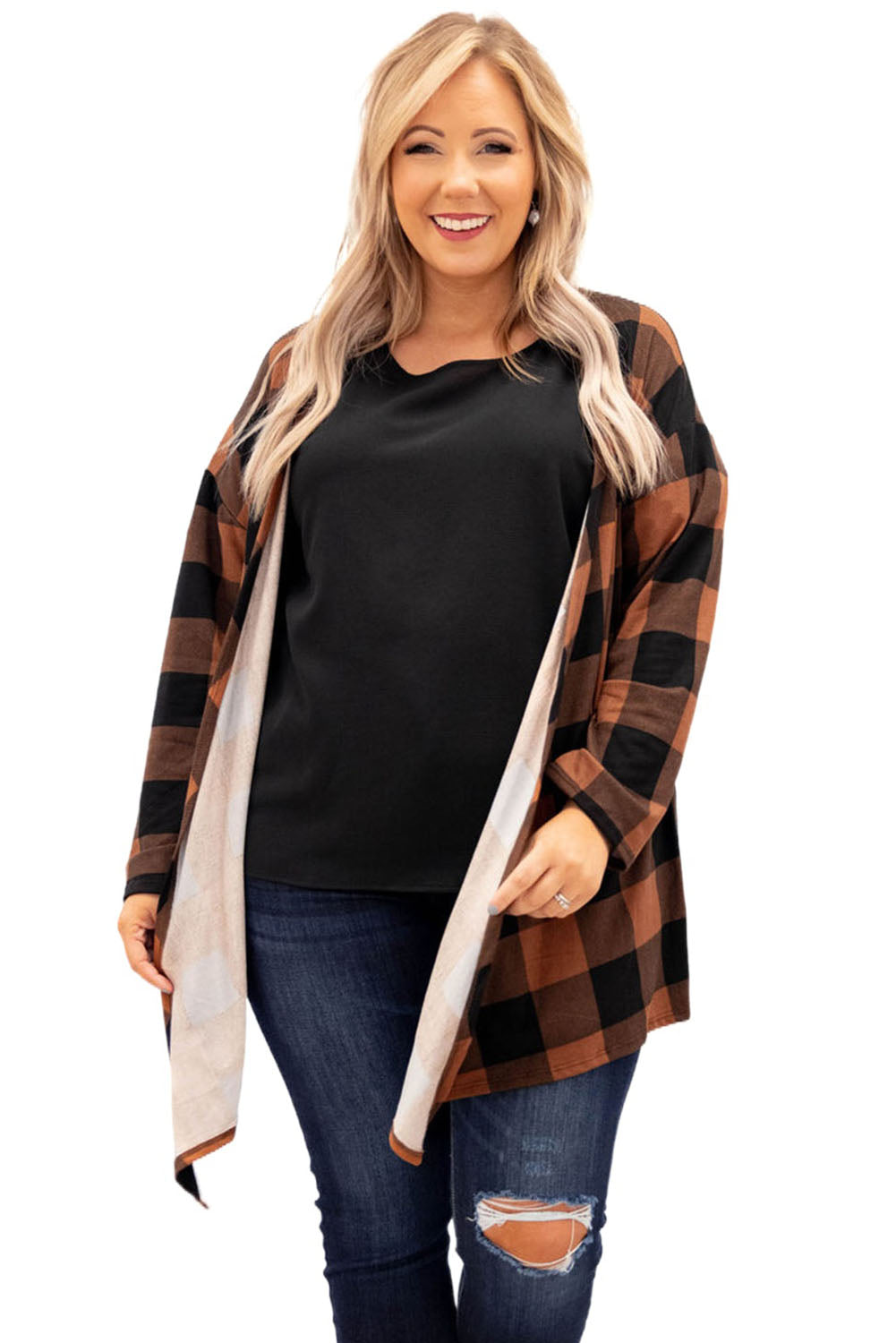 Plus Size Plaid Pattern Open Front Cardigan