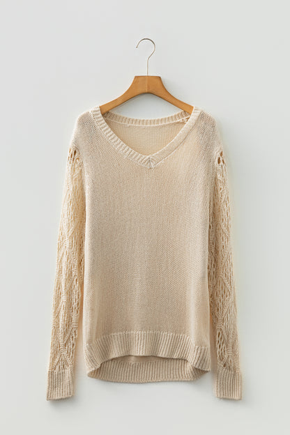 Black Solid V Neck Pointelle Knit Sleeve Patchwork Sweater