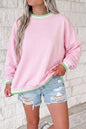 Bright Green Contrast Striped Trim Baggy Pullover Sweatshirt