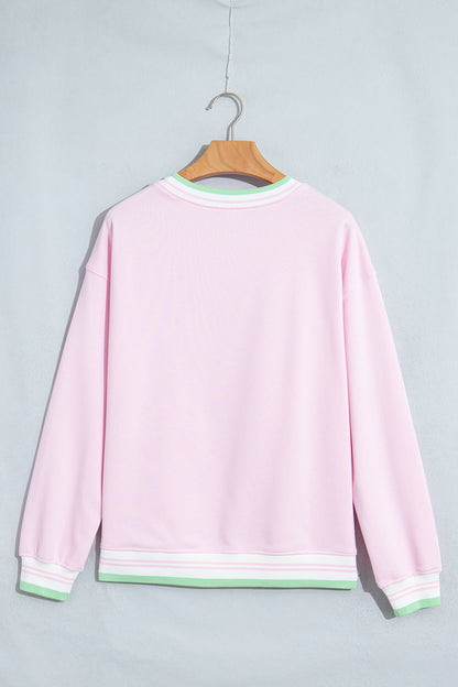 Bright Green Contrast Striped Trim Baggy Pullover Sweatshirt