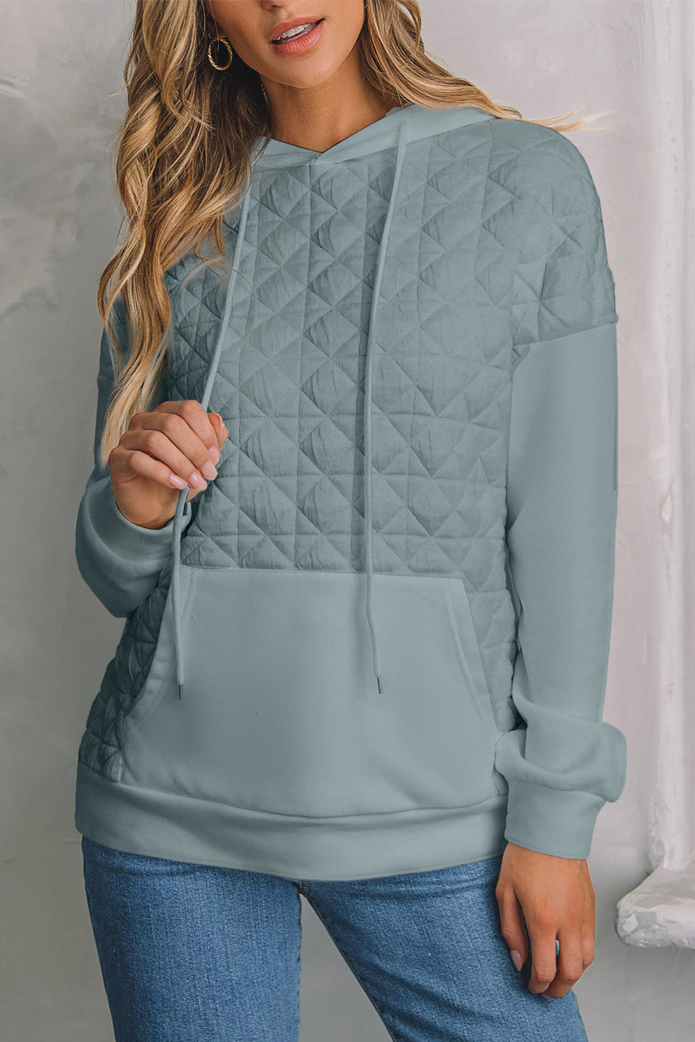 Blackish Green Plus Size Quarter Buttoned Pocketed Quilted Sweatshirt