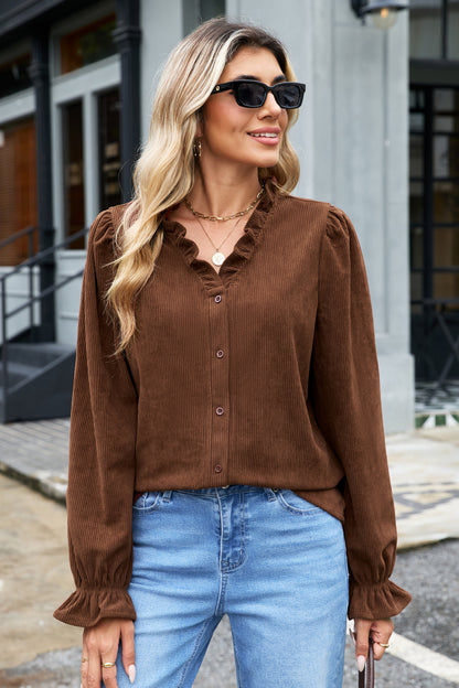 Coffee Solid Color Ruffle Trim V Neck Long Sleeve Button Corduroy Shakcet